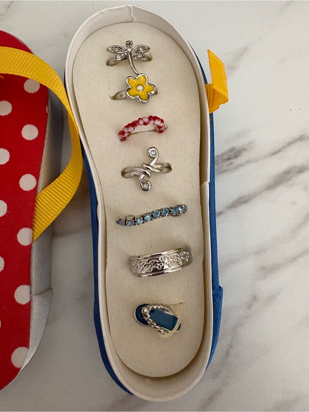 Mixed Silver-Tone and Enamel Stackable Toe Rings - Yellow Flower & Blue Accents